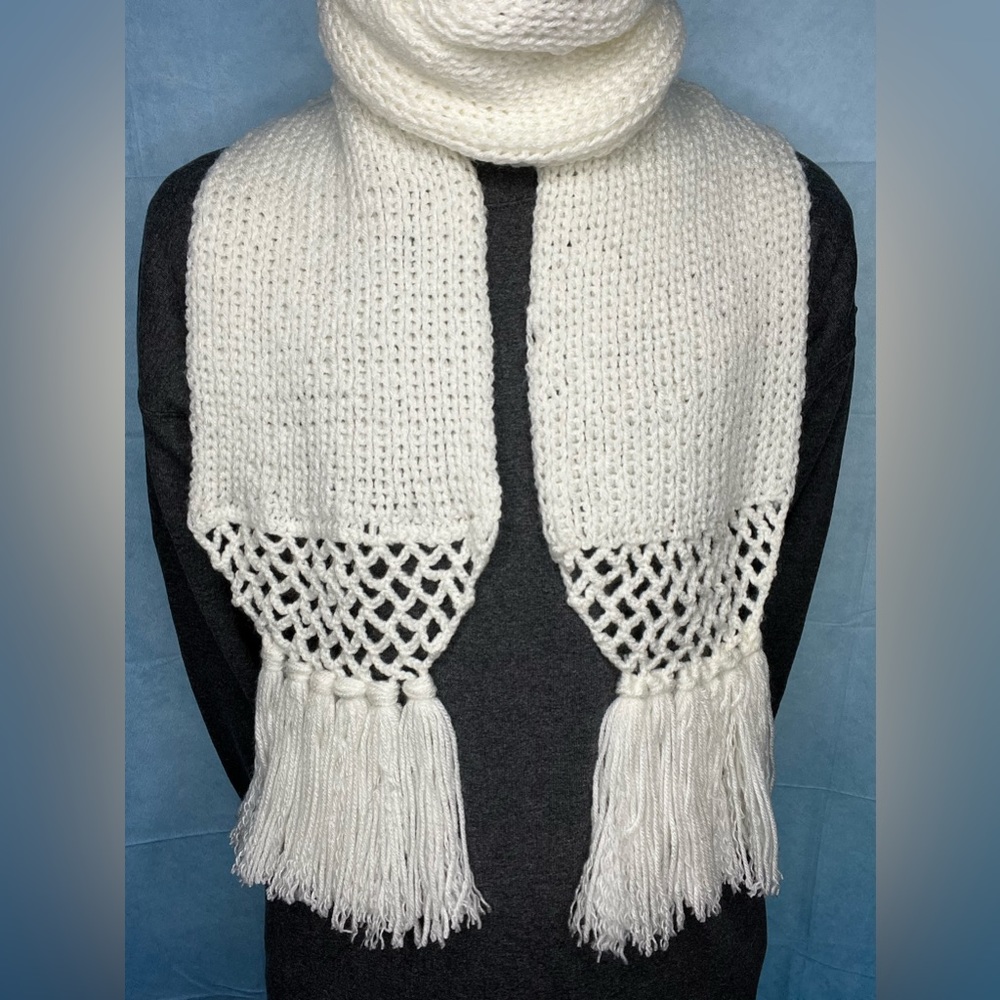 UNISEX Handmade Ivory Crochet Knitted Scarf with Fringe; Multiple Sizes